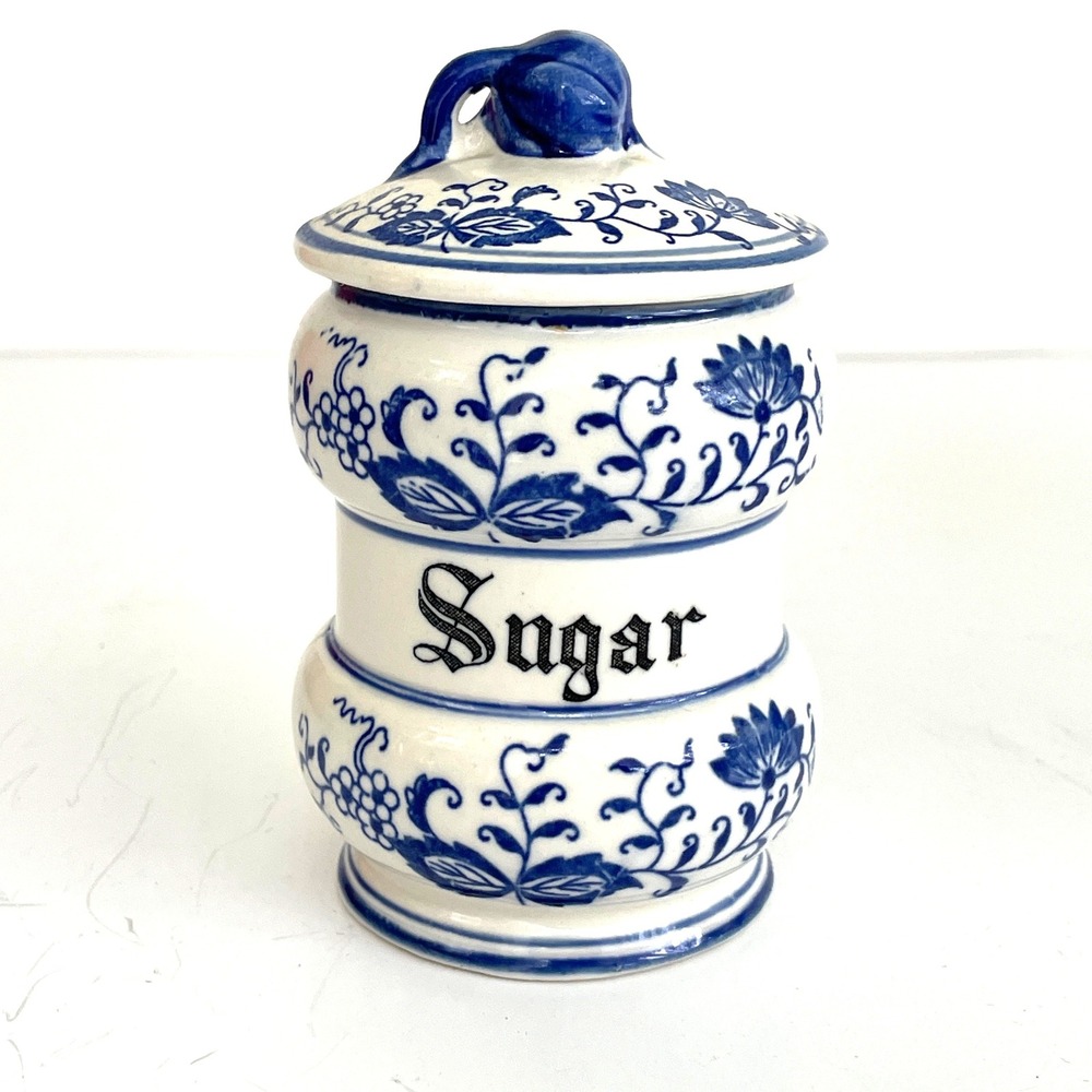 Vintage Blue and White Onion Pattern Ceramic Sugar Canister with Lid